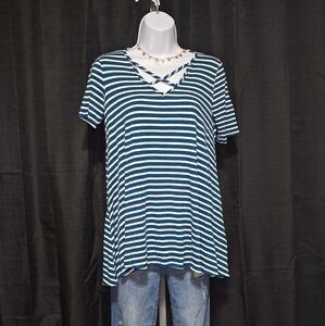 Striped Deep Teal and White Women's Top